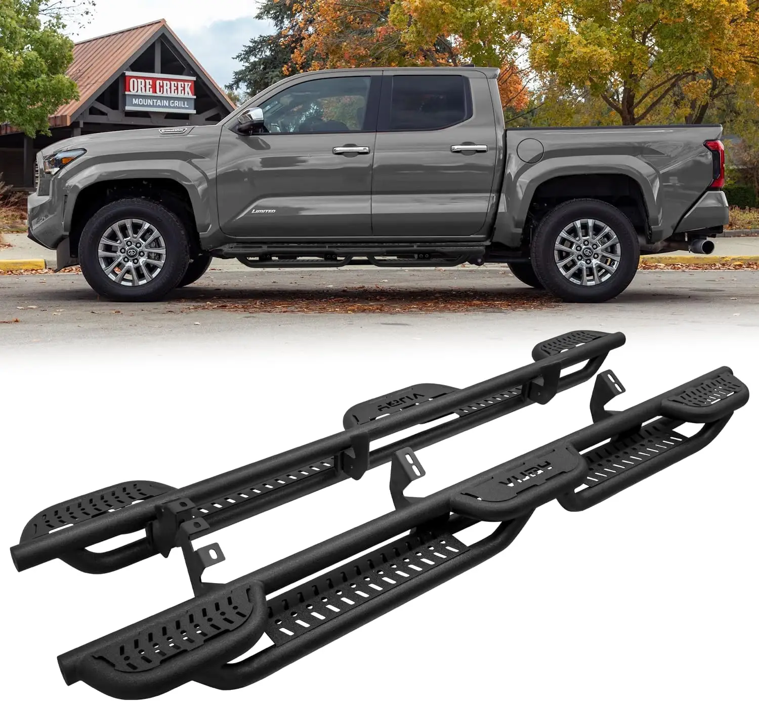 

Стальная подножка для Toyota Tacoma 2024-2025 гг., двойная кабина/соединительная кабина (4 полноразмерные двери) Nerf Bar/боковая ступенька (черная текстура)