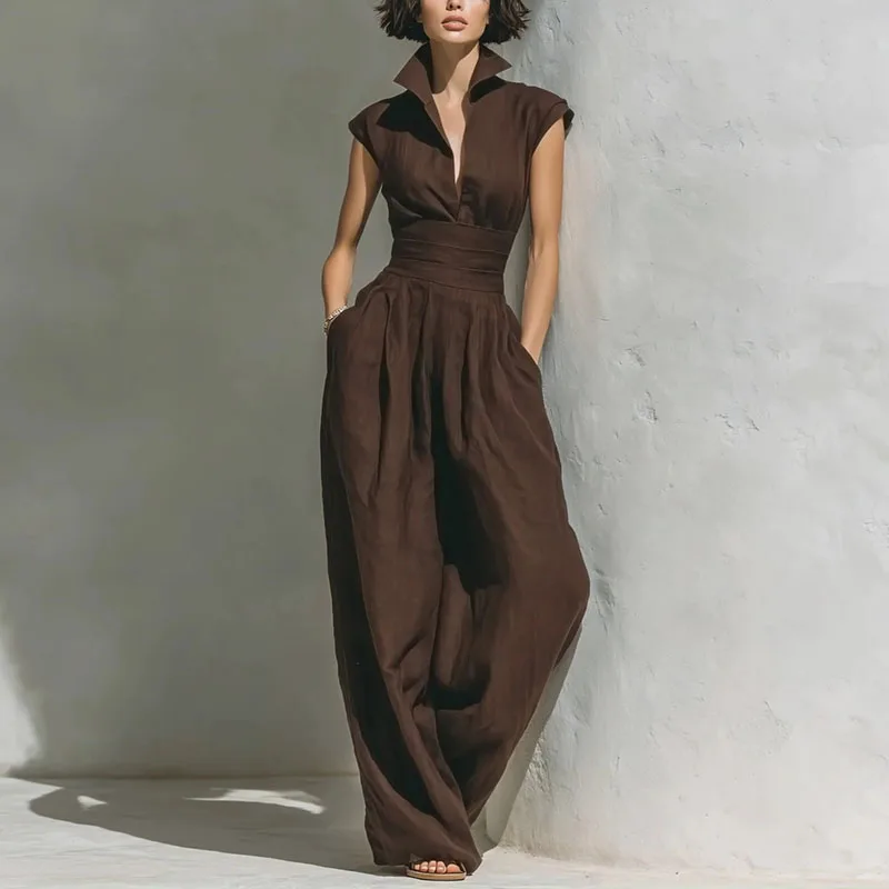 Greenora New Chic Solid Pockets Vacation Overalls Summer High Waist Low Cut Women's Romper Turn-down Collar Sleeveless Wide Leg