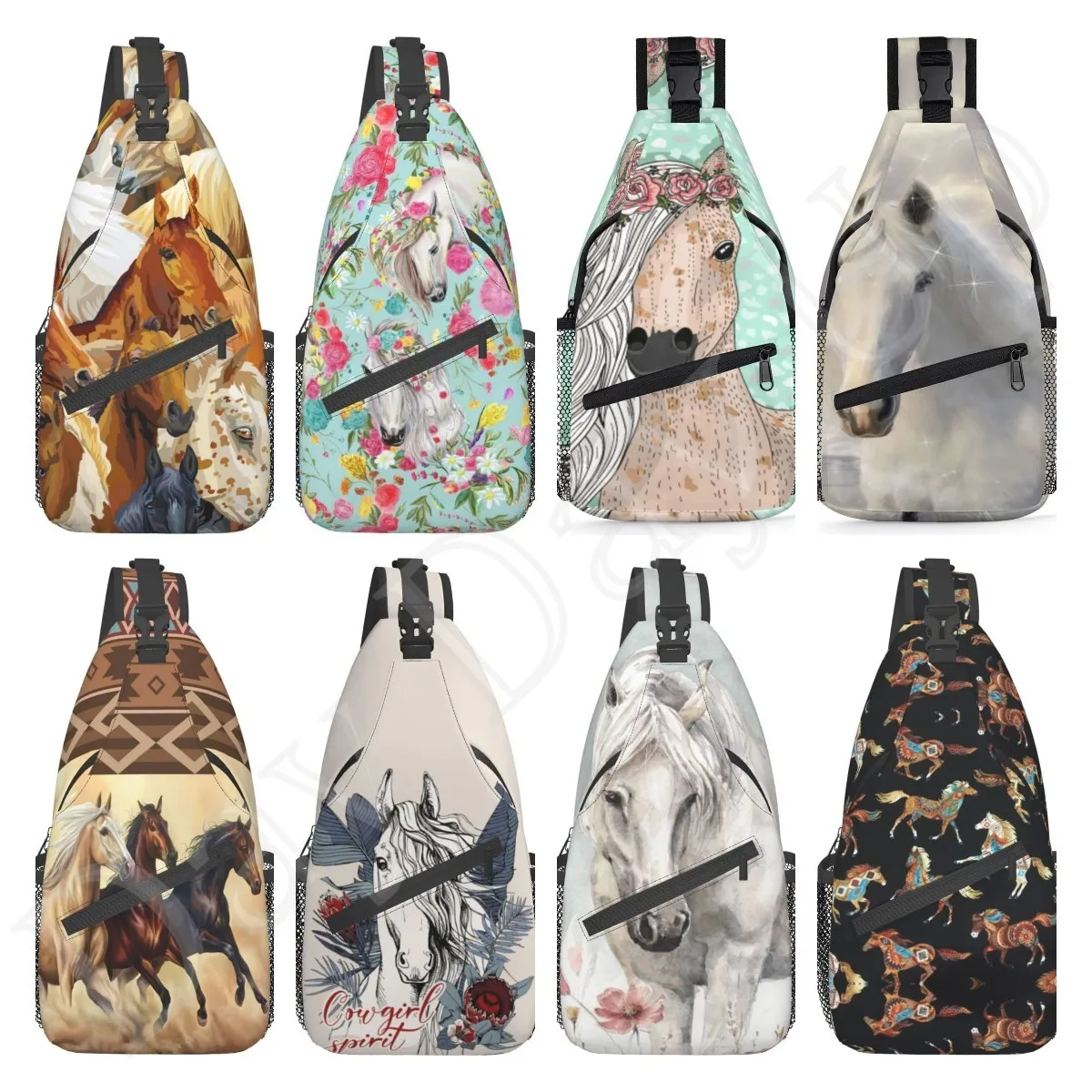 Mochila cruzada con estampado de caballo para hombre y mujer, bolso de pecho con fondo colorido, ajustable, informal, de día