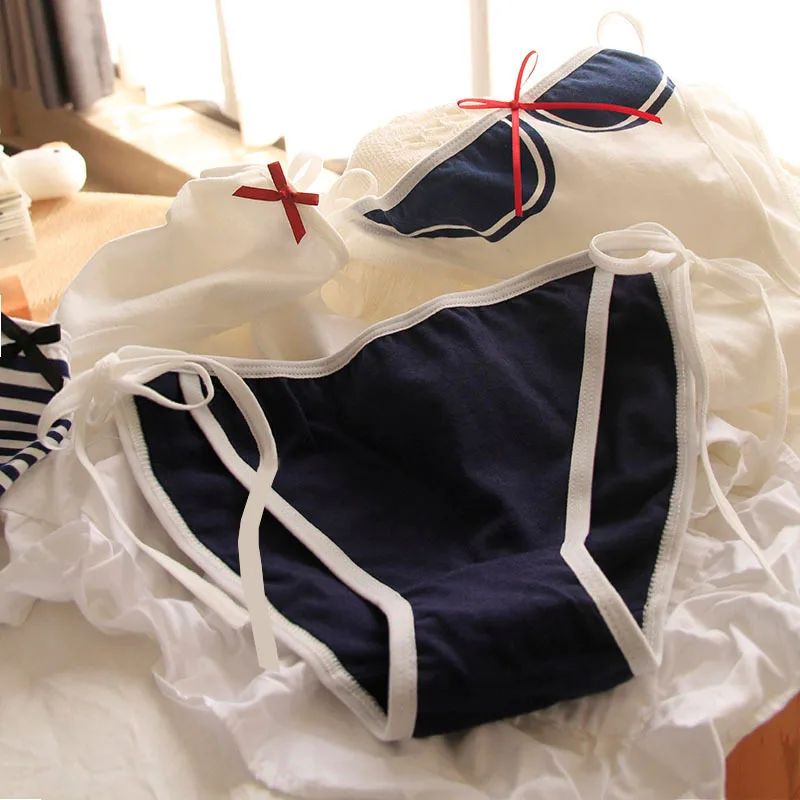 SP&CITY JK Style Lace Up Cotton Cute Women's Udnerwear Navy Striped Soft Breathable Kawaii Panties Comfort Daily Sweet Briefs