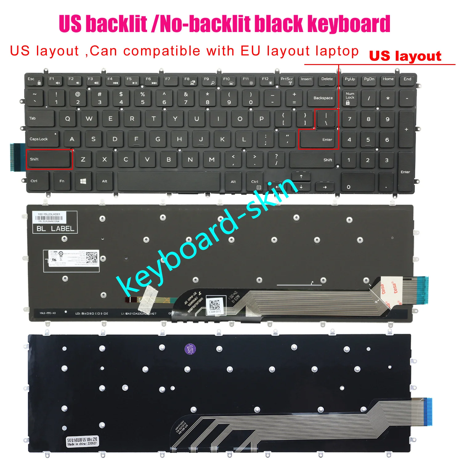 backlit /no backlit US Keyboard for Dell P66F P66F001 P72F P72F002 P75F P75F002 P75F003 P32E P32E001 P89F P89F001 P89F002 P65F