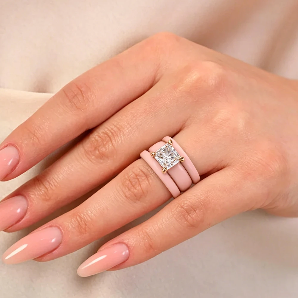 Princess Cut CZ Ring with 3-Layer Pink Silicone Band, Modern Chunky Rose Gold Plated Statement Ring, Bridal Promise J