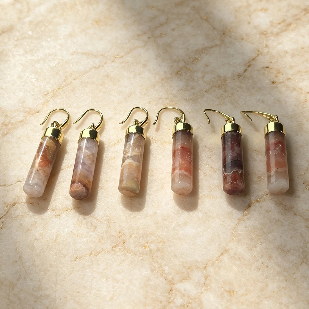 Cylindrical Banded Agate Hook Charms Golden Plated Cap Natural Semi Precious Stone for DIY Earring Making E2R1048