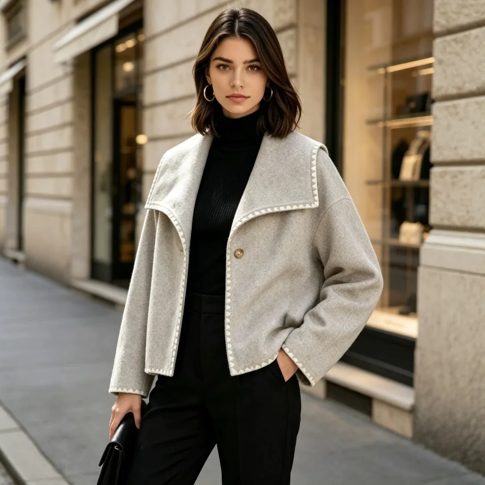 Commuting Serrated Wave Contrasting Woolen Coat Autumn and Winter Women Elegant Thick Warm Windproof Daily Office Travel Jacket