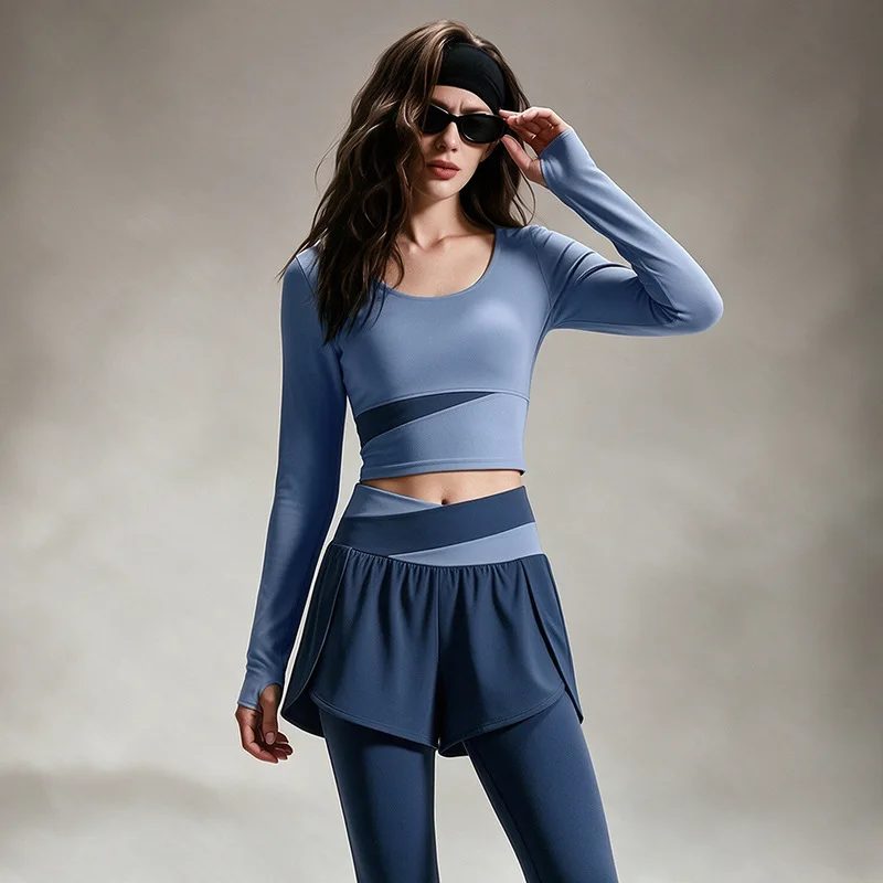 Women U-neck Color Blocked Exercise Suit Yoga Suit Women Long Sleeved Top High Waisted Leggings Fitness Suit Pilates Exercise