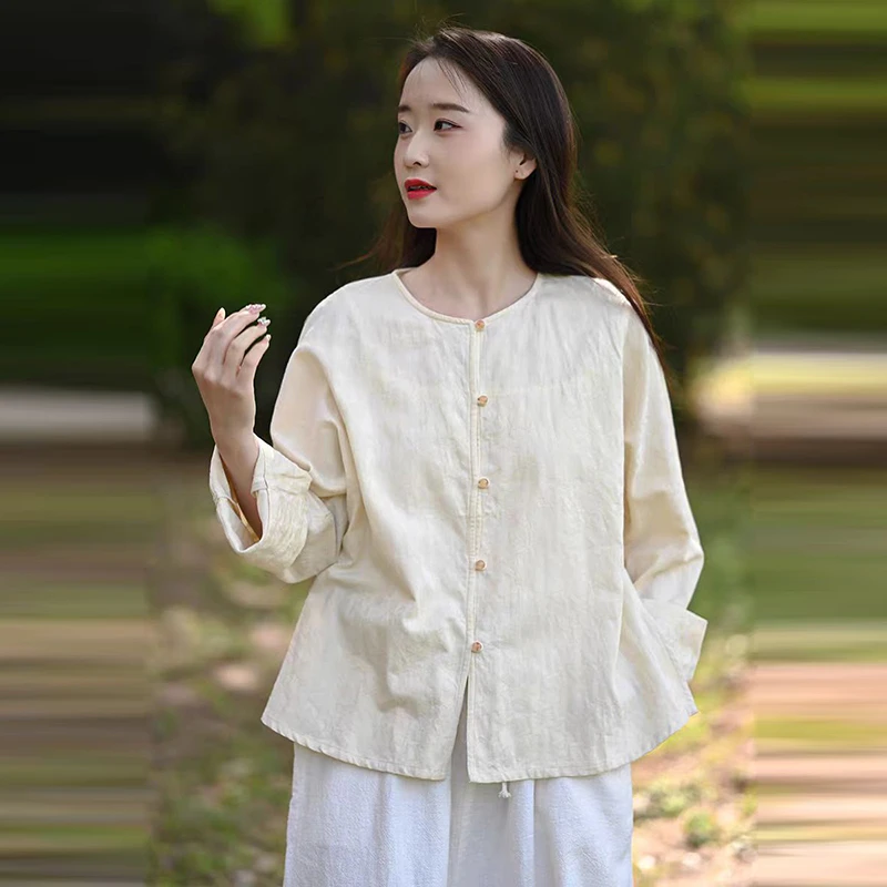 

Новое поступление, весна-лето, стиль искусства, женская однобортная свободная рубашка, жаккардовая хлопково-льняная винтажная блузка, женские топы TJ53