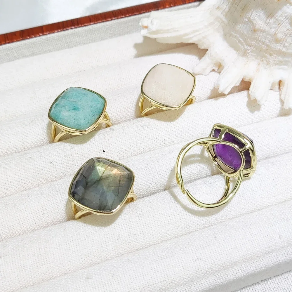 Natural Stone Amazonite Rose Quartz Multifaceted Rhombic Open Adjustable Ring for Lady Women Fashion Jewelry