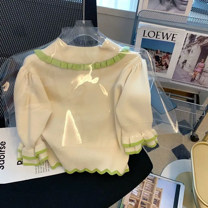 2025 봄 신상 일본풍 스위트 피터팬 칼라 컬러 블록 반팔 니트 탑 2025 봄 플로럴 러플 Y2K 스웨터