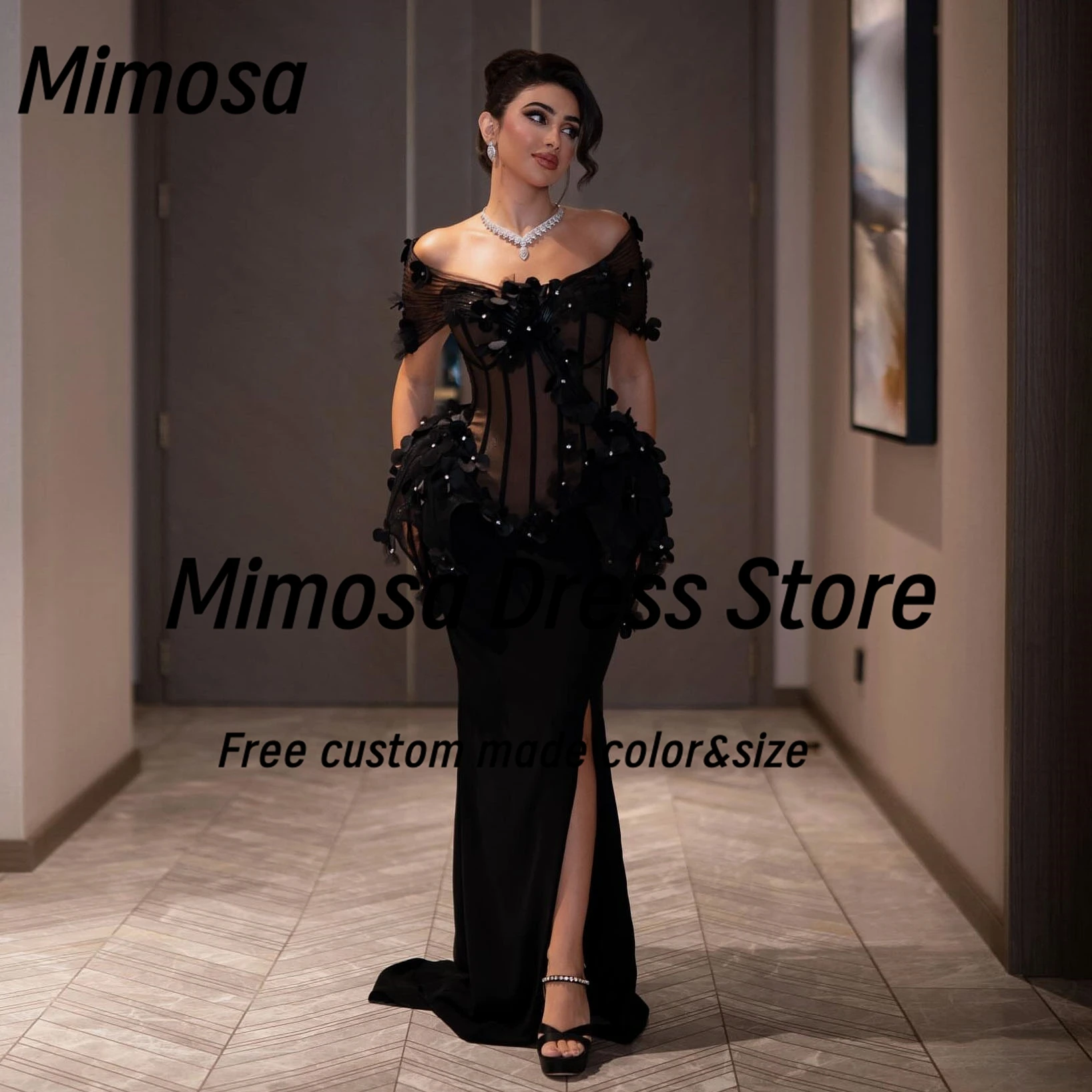 ميموزا الأسود فساتين لحضور الحفلات الموسيقية قبالة الكتف مطرز 3D-الزهور Vestidos Des Fiesta الجانب الشق مثير فستان الحفلات المسائية مخصص