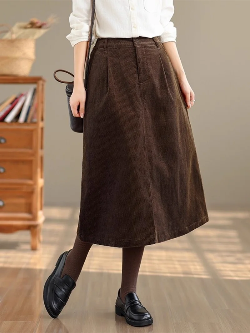 Retro Koffie Gekleurde Corduroy Midi Rok Voor Vrouwen Herfst Winter Hoge Taille Slanke Losse Temperament Veelzijdige A-lijn Rok W1209