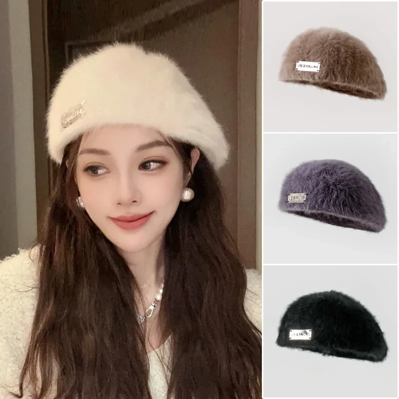 Women's Reversible Rabbit Fur Beret Winter Warm Double-Sided Knit Hat Retro Painter Cap for Oval And round Faces