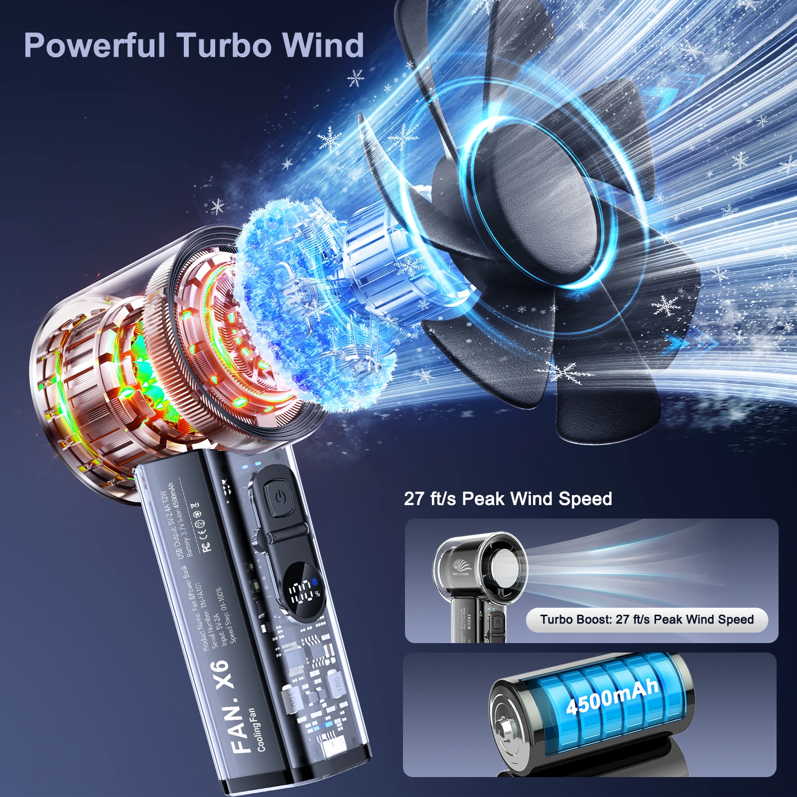 مروحة ثلج 4500 مللي أمبير في الساعة عالية السرعة تبريد محمولة USB قابلة للشحن شاشة ديجيتال LED مروحة صغيرة مروحة ضغط الجليد قوة البنك