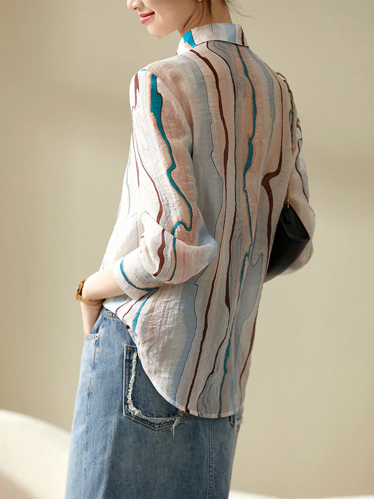 SENTUBILA Thin Sheer Printed Blouses Office Lady Chiffon Shirts Turn-down Collar Long Sleeve Womens Tops and Blouses Q23C44421