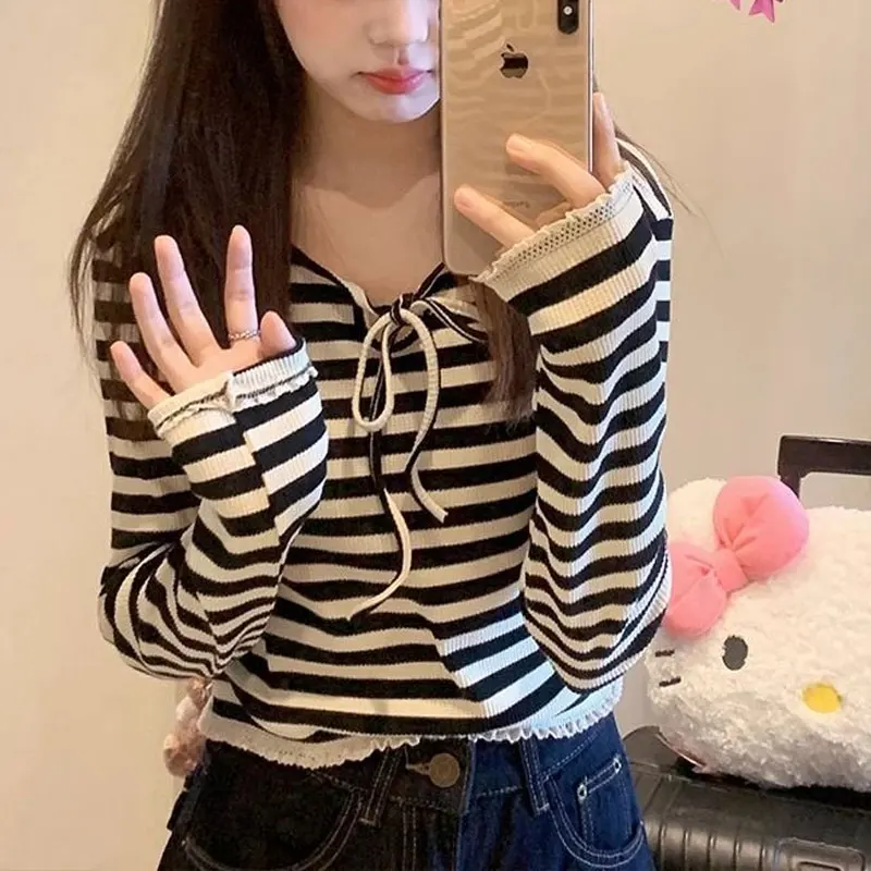 

Striped Fashion Drawstring T-shirt Spring Autumn Contrasting Colors Women's Clothing Casual Korean V-Neck Long Sleeve Pullovers