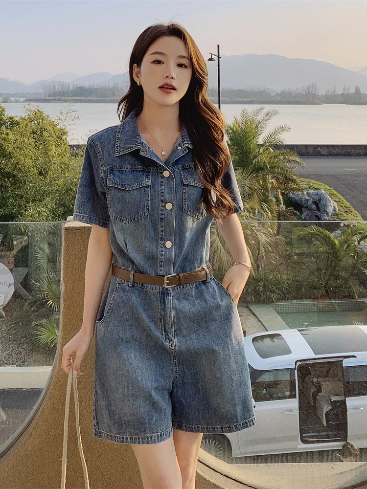 

Women's Thin Denim Overalls Summer 2024 New High-End ort Pants Set ature Hong Kong Sle All-Match mid Waist orts
