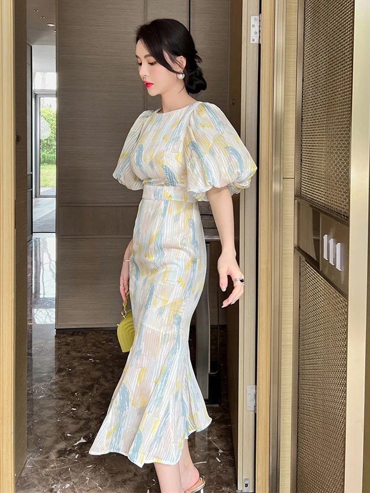 Satin élégant femmes Robe de soirée pure manches bouffantes sirène Midi Robe de soirée Robe Femme Ropa Mujer Verano robes de haute qualité