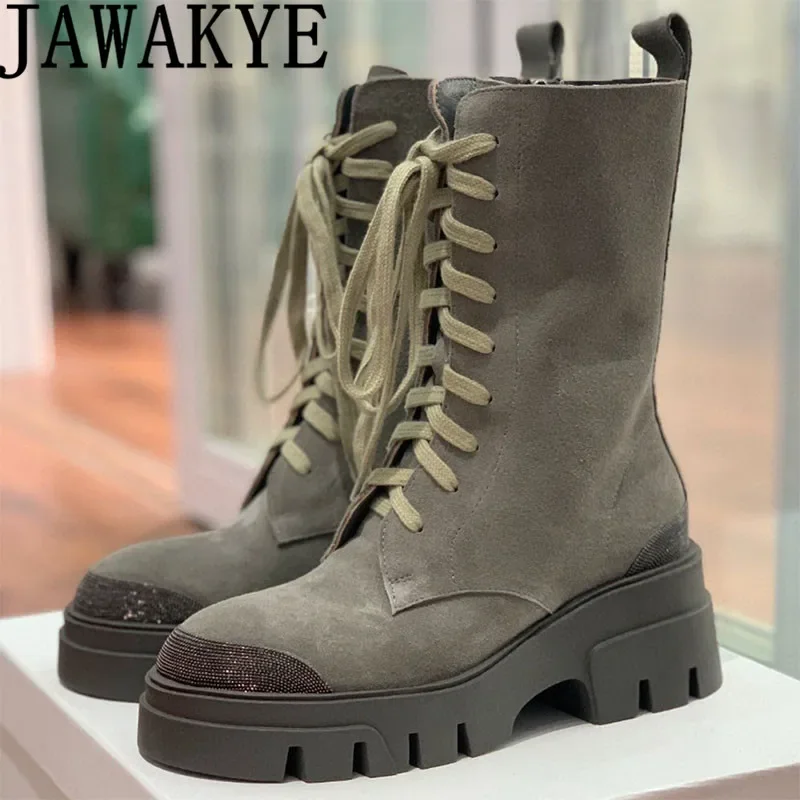 Designer Cow Suede Combat Boots Women Lace Up Thick Sole Motorcycle Boots Winter Street Fashion Cowboy Shoes Ankle Boots