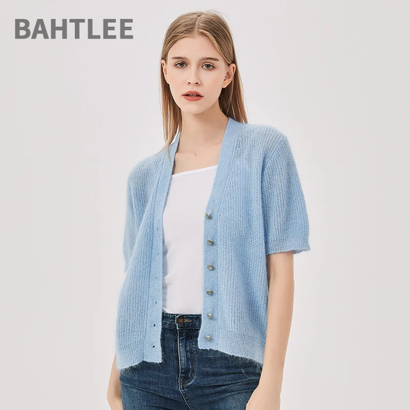 BAHTLEE-Women's Mohair Coat, Knitted Cardigan, V-neck Sweater, Short Sleeves, Summer