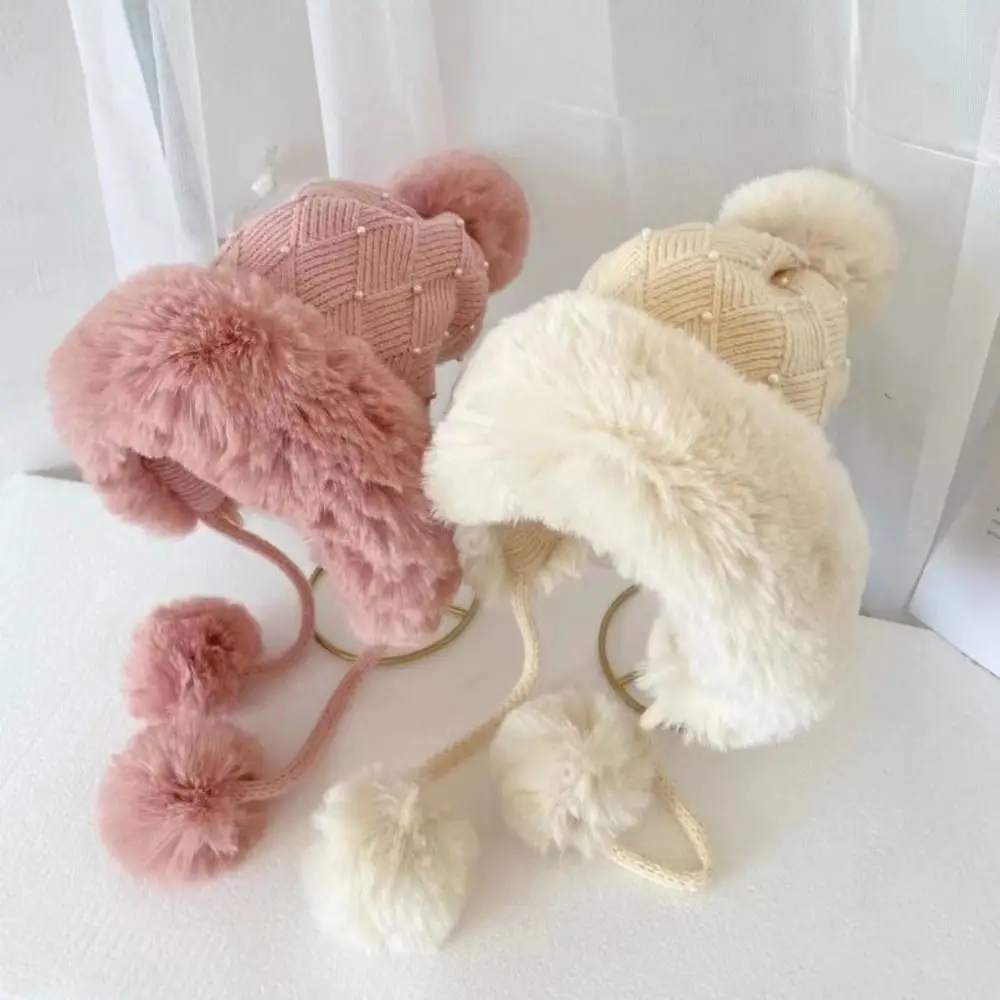 Sombrero de suéter de bola de piel sintética para niña, gorro de punto de perlas engrosadas, a prueba de frío, a prueba de viento, cálido, nuevo