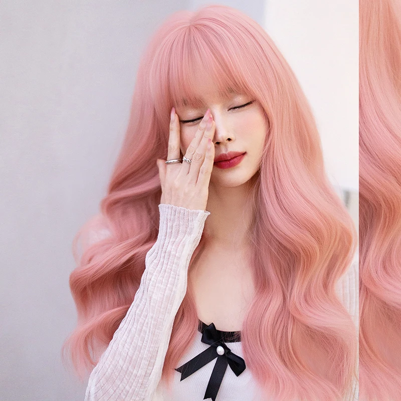 NAMM Long Wavy Curly Wigs Synthetic Sakura Pink Wig With Bangs Cosplay Daily Party Wig for Women Heat Resistant Hair Lolita Wigs