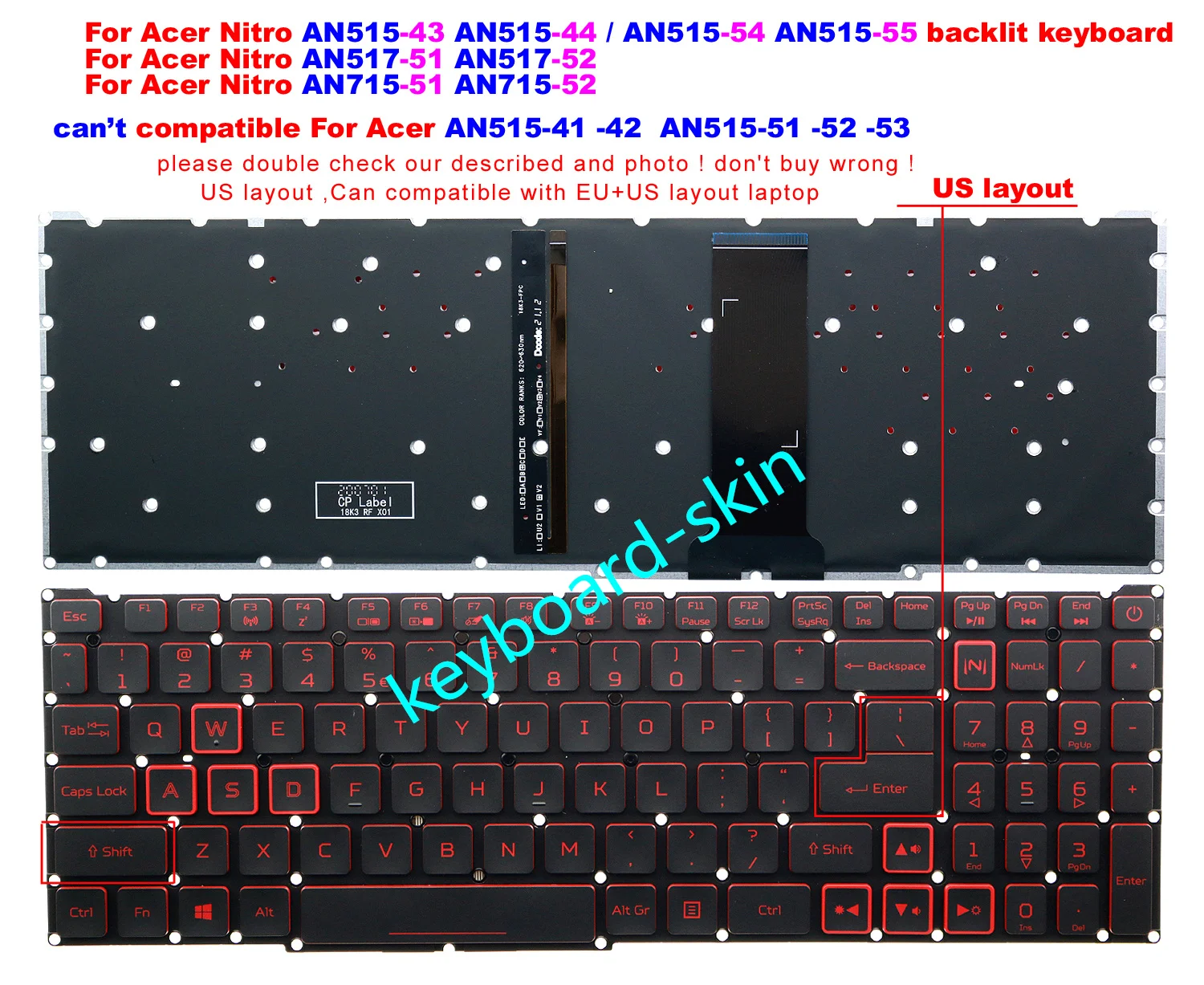 New US backlit Keyboard For Acer Nitro AN515-54/-55 AN515-43/-44 AN517-51/-52 AN715-51/-52 N20C2,N18C3 N18C4 series laptop
