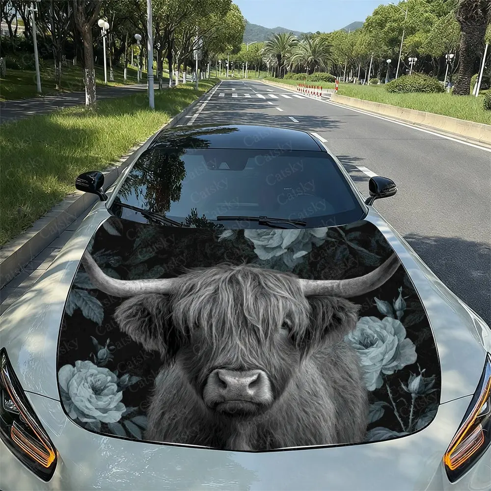 Blue Rose Highland Cattle Pattern Car Hood Decal, Durable Car Vinyl Packaging Suitable For Most Vehicles, Car Hood Protective Fi