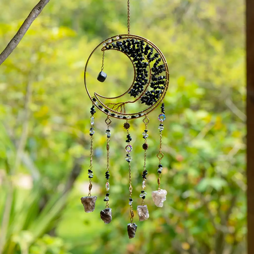 Decorative Black Gravel Tree Of Life Moon Pendant Hanging Ornament For Home Wall Window Balcony Art Decor