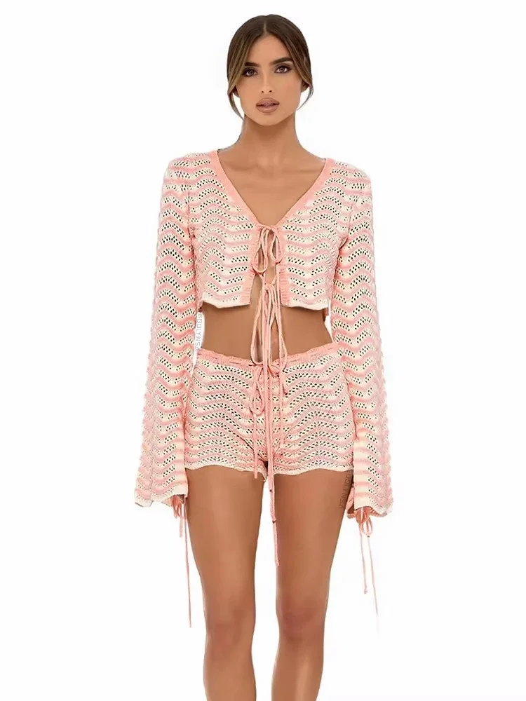 2025 Summer Sexy V-neck Lace-up Bell Sleeve Knit Short Top Shorts Two Piece Women Boho Striped Beach Swimsuit Cover Up Sets K195