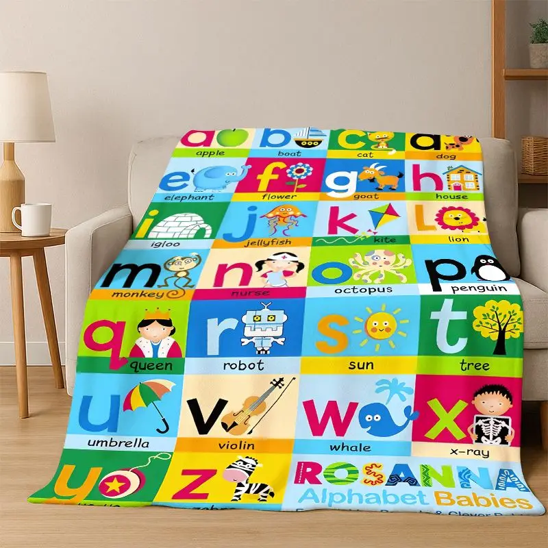 Alphabet ABC Early Education Cartoon Flannel Blanket Soft Warm Blanket Throw Blanket for Bedroom Living Room Bed Travel Camping