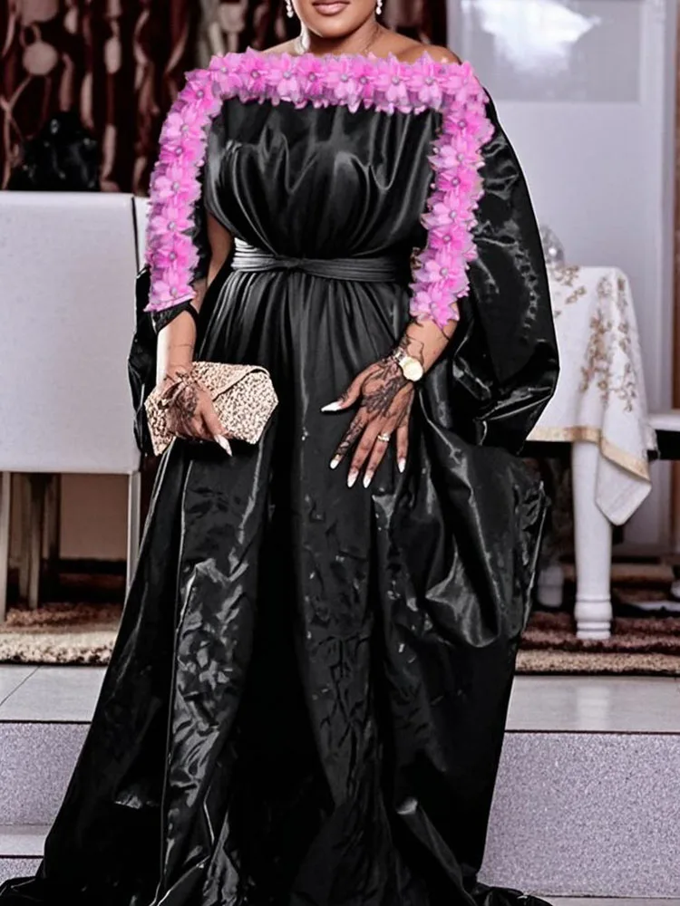 

Black 3 D Flower Women Party Bazin Riche Long Dresses For Traditional Wedding Free Size Ankara Dashiki Robe Top Quality Riche