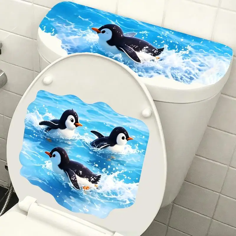Cute Swimming Penguin Toilet Sticker Waterproof Self Adhesive Removable Decal Bathroom Decor