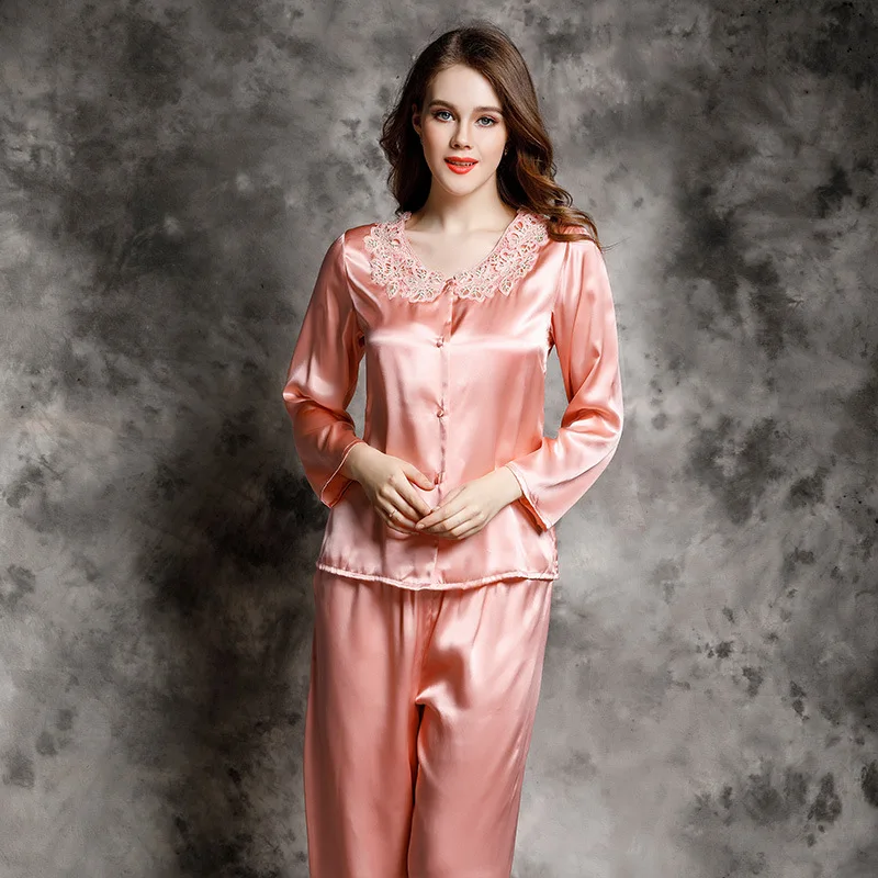 Birdtree 100%Natural Silk Sexy Pajama Set Long Sleeve Lace V-neck Satin Breathable Nightwear Summer Fall New Loungewear S30758QM