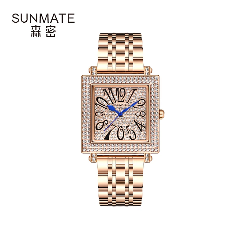 2025 Hot Selling Brand SUNMATE Stainless Steel Strap Watch Women Luxury Gift Quartz Watch Student Fashion Diamond Square Watch