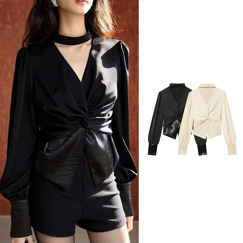 

Женские блузки, весна 2026, новые тонкие рубашки с подвесным воротником, модные элегантные шикарные рубашки с v-образным вырезом для молодых женщин, топы для путешествий, праздничные топы