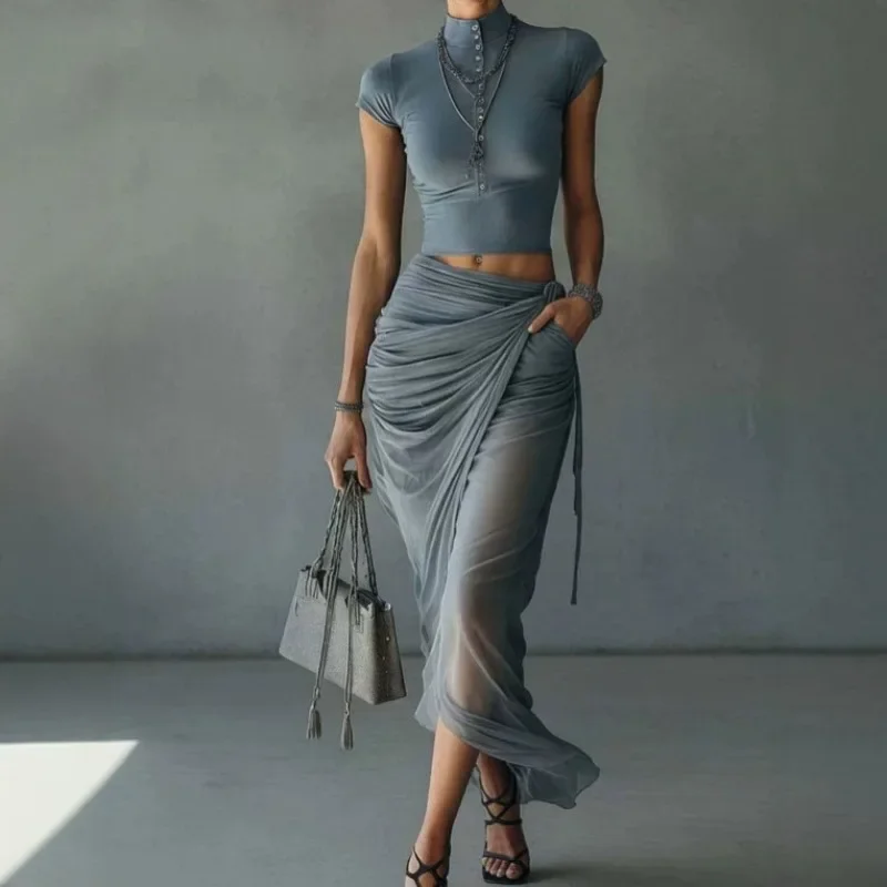 Elegant European American Style 2026 Two Piece Outfits Slim Fit Top and Flowing Skirt Set