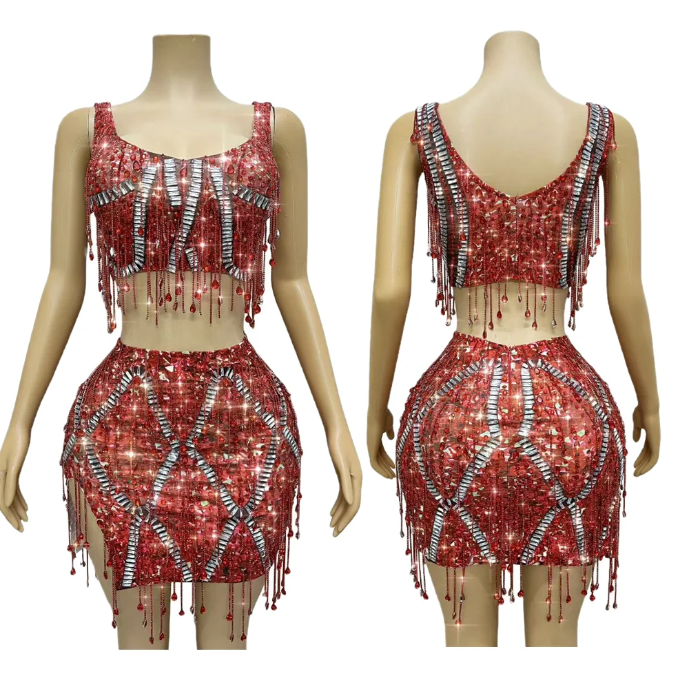 

Rhinestone Tassel Vest Mini Skirts 2 Piece Sets Women Club Festival Outfits Cheerleaders Show Dance Stage Performance Costume