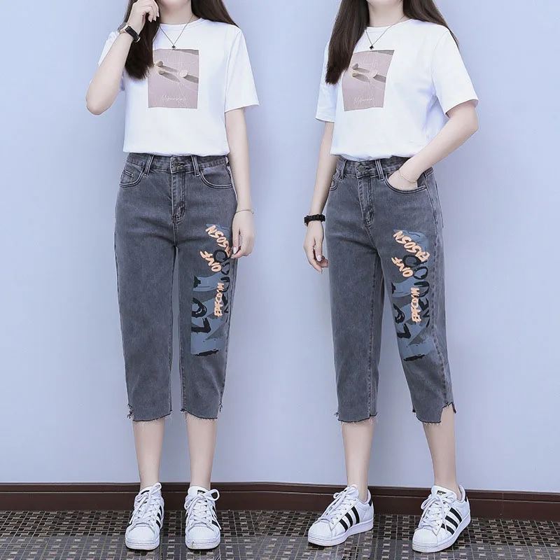 Summer Casual Mid-Rise Letter Printed Women's Loose Versatile Denim Harem Capri Pants Vintage Fashion Pockets Patchwork Jeans