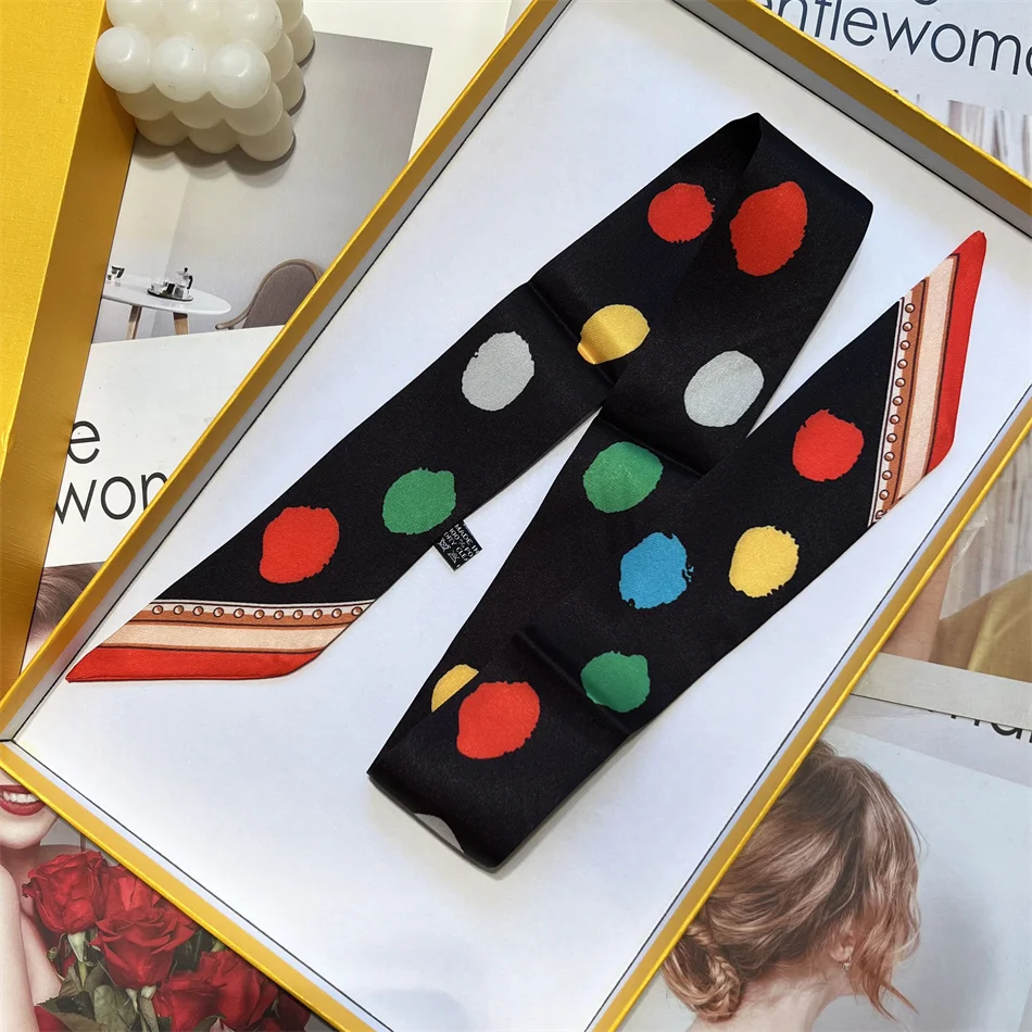 

Новинка 2023 года, длинный маленький шелковый шарф, повязка на голову, женский двусторонний элегантный ремешок с переплетом, маленький шарф, подарочная лента, шелковый шарф