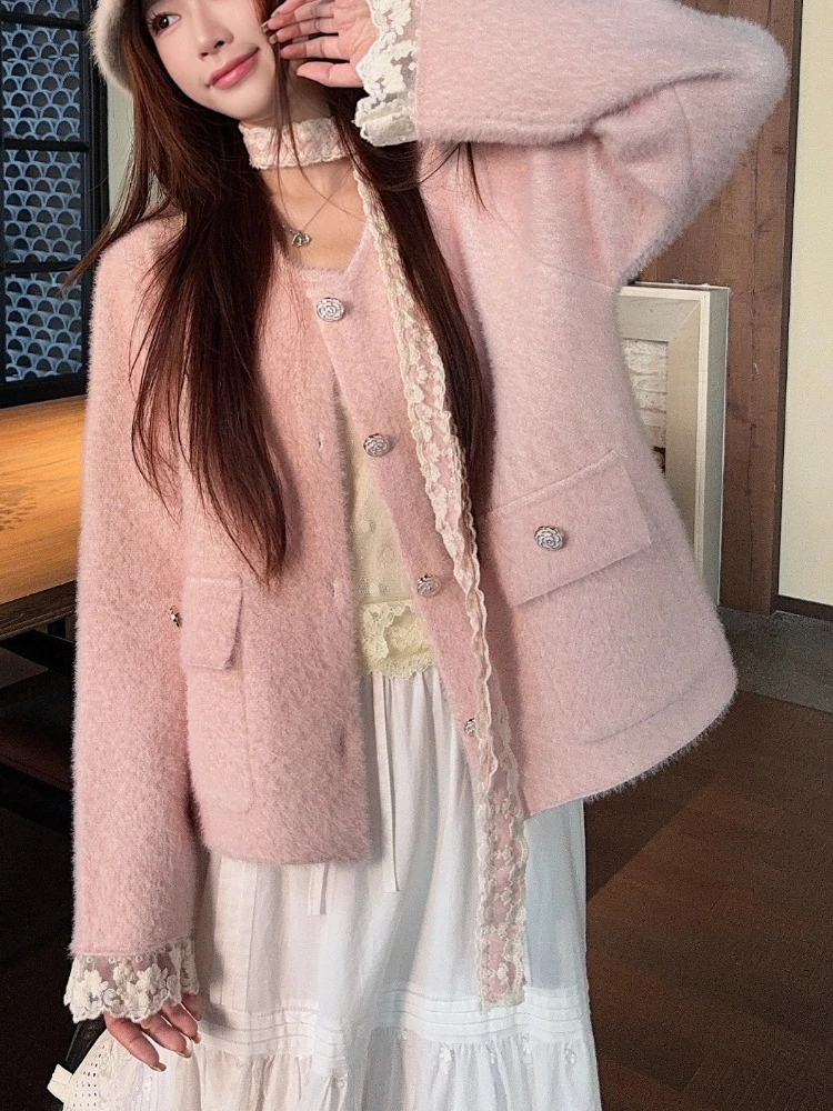 الحلو الوردي سترة سترة المرأة الخريف فضفاضة تناسب طويلة الأكمام الدانتيل تقليم زر حتى معطف أنيق لينة عادية ريترو شيك الزي