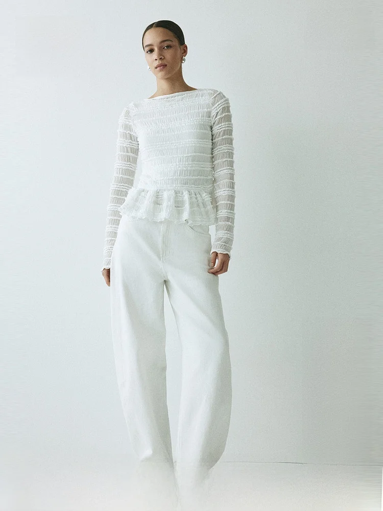 

H&M Summer New Women's Folded Shirt Slim Fit Long Sleeve Polyester Fiber Elastic Fiber One Shoulder Neckline Pullover Shirt