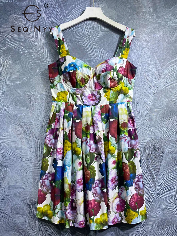 

SEQINYY Elegant 100% Cotton Dress Summer Spring New Fashion Design Women Runway High Quality Mini Strapless Vintage Flower Print