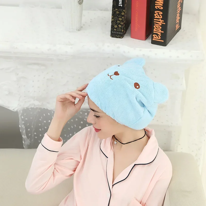 Dry Hair Cap For Women Quick-drying Absorbent Thick Microfiber Head Towel Korean Cute Bear Embroidered Shower Cap Towel