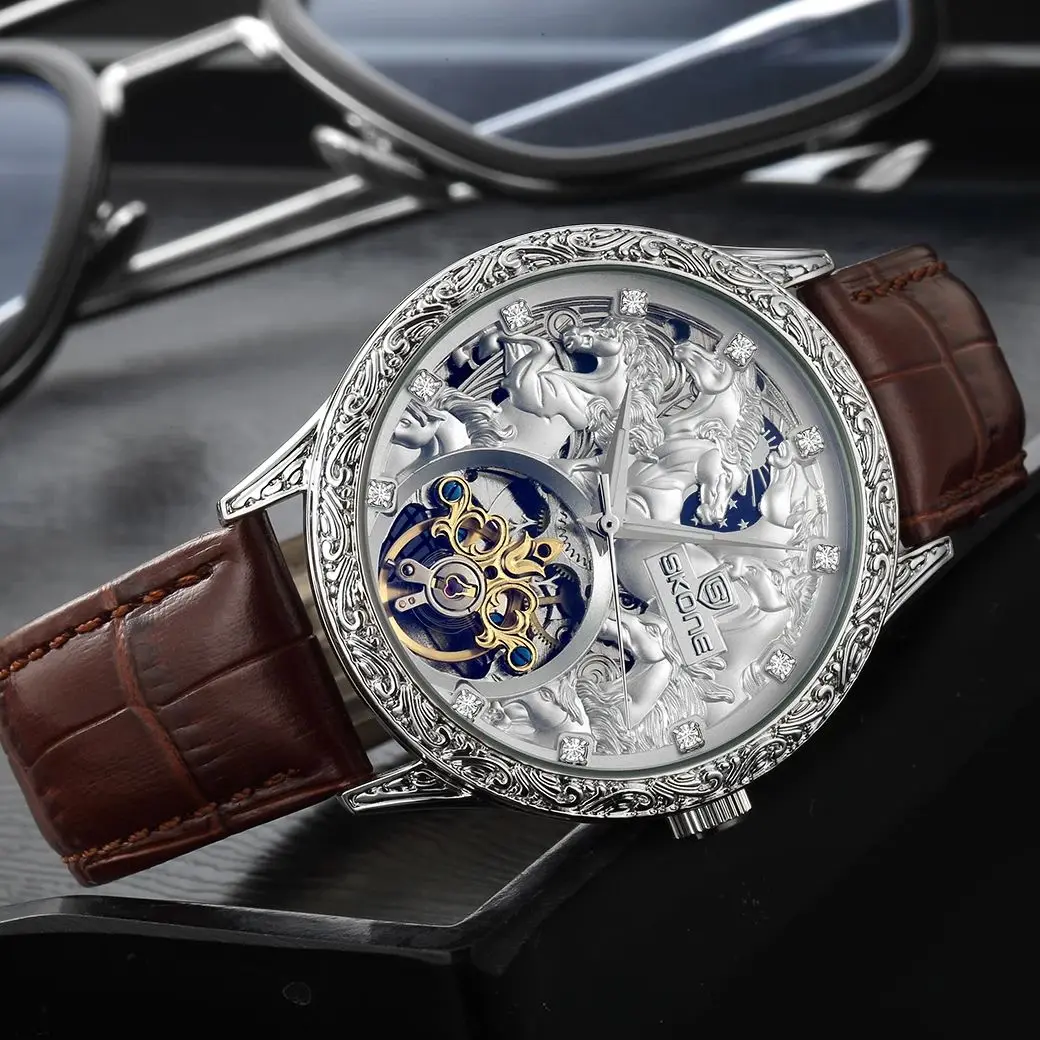 Skone oito cavalos moda masculina relógios mecânicos negócios relógio de pulso automático aço inoxidável luminoso designer novo