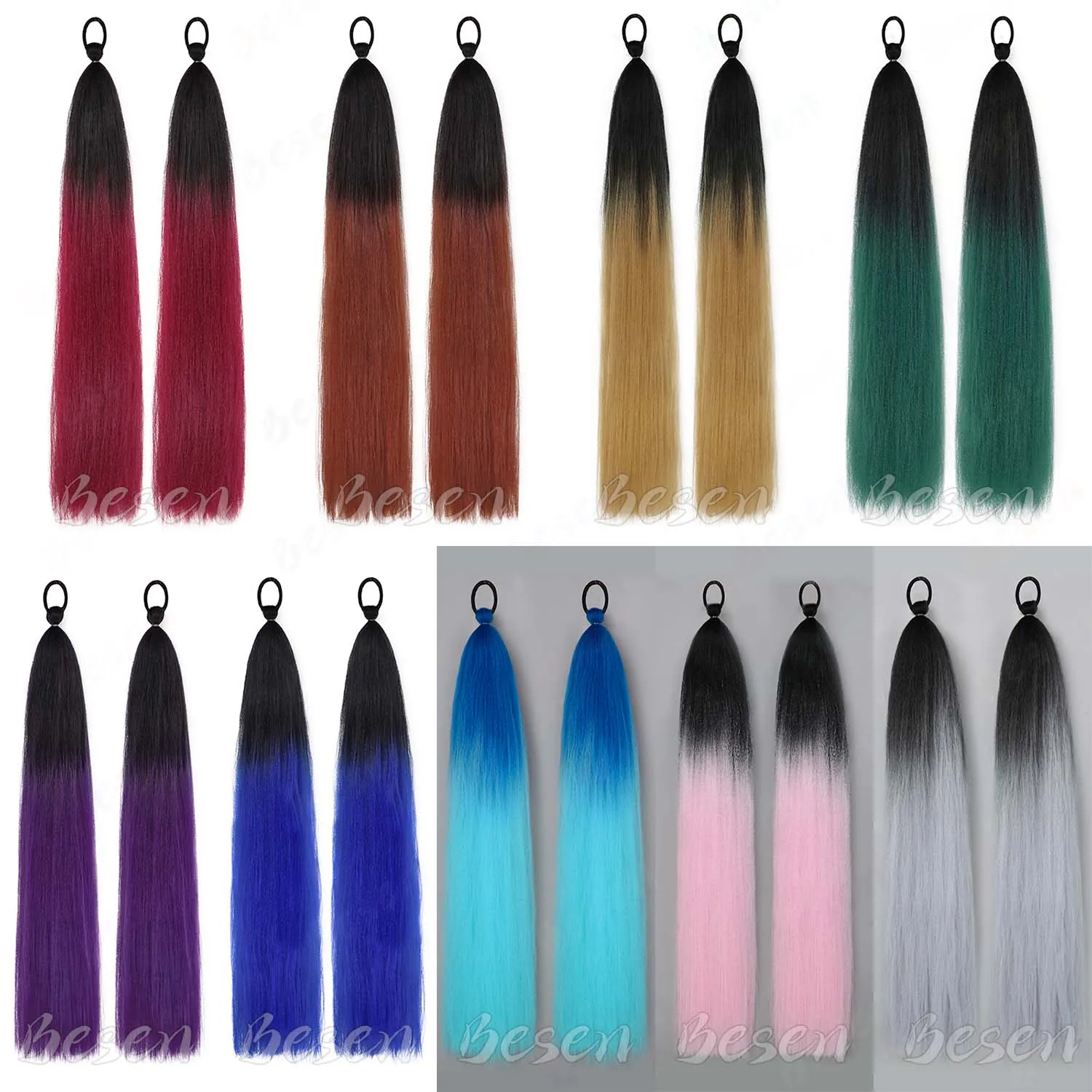 Synthetic 2PCS 26Inch Straight Long Ponytail Colorful DIY Braided Ponytail With Rubber Band Hair Extensions for Children Women
