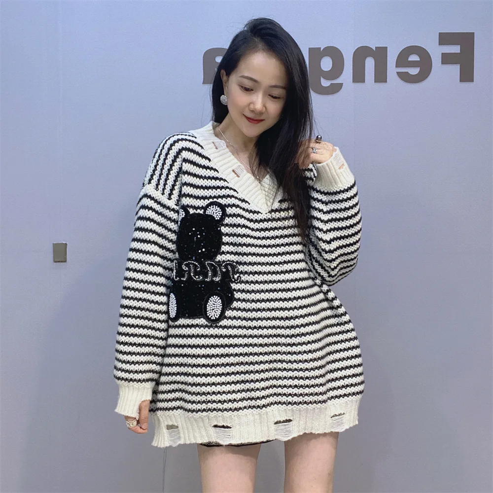 Black and White Striped Sweaters Women Loose Clothing Sequins Diamonds Cartoon Pattern Long Sleeve V Neck Pullover Knitwear