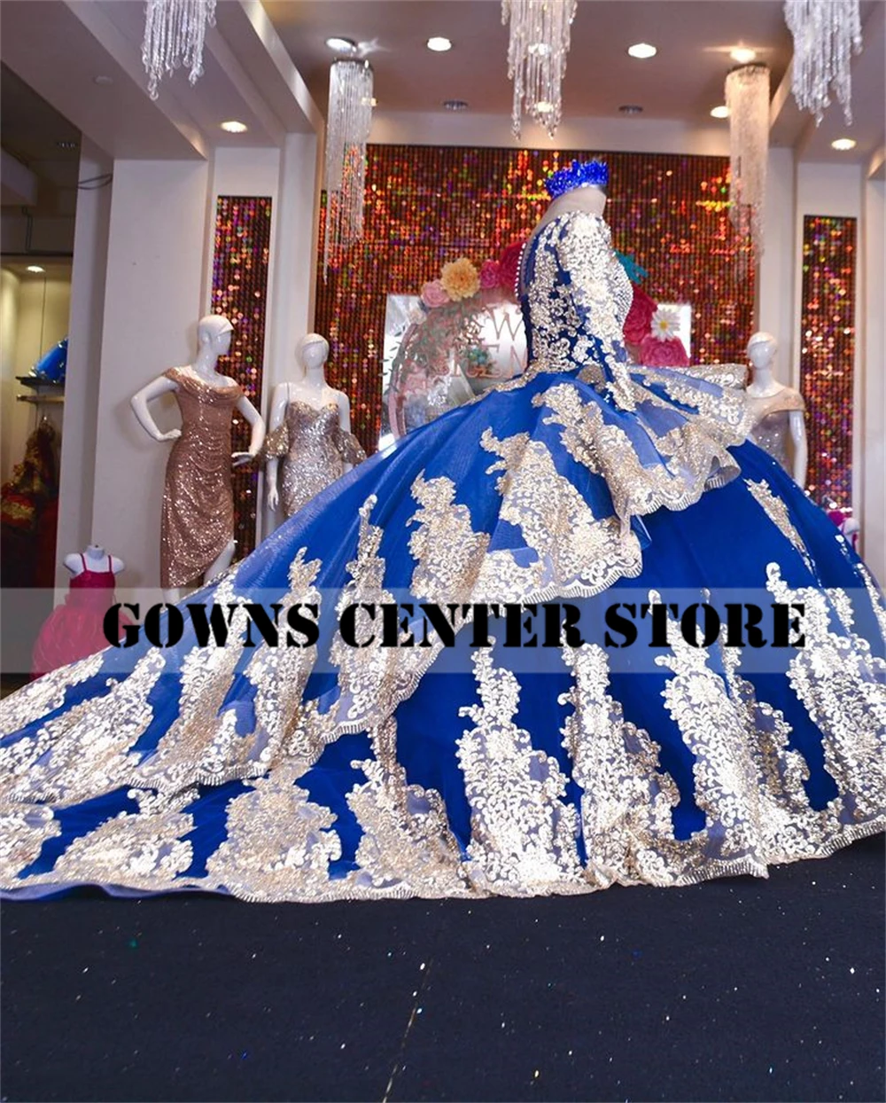 Royal Blue manica lunga abiti Quinceanera abito da ballo Applique di paillettes abito da festa di compleanno bottone Lace Up vestidos de quinceasenera