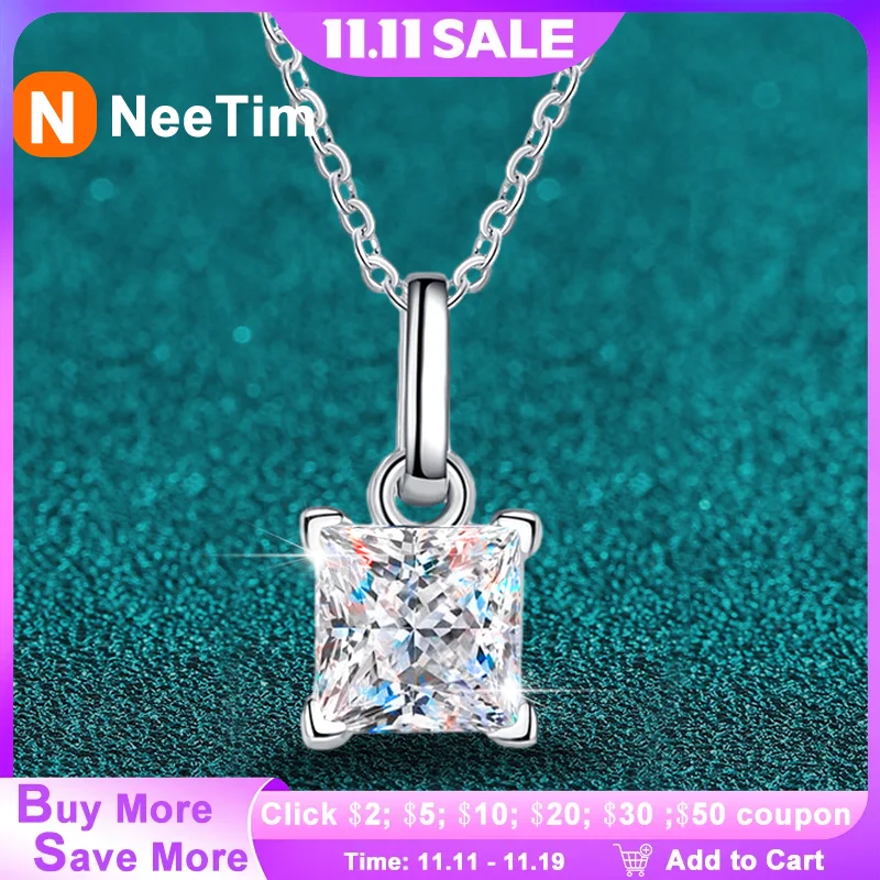

Цепочка NeeTim из стерлингового серебра 925 пробы с кулоном из муассанита с огранкой принцессы 1,2 карата, бриллиантовое свадебное ожерелье для женщин, сертифицировано