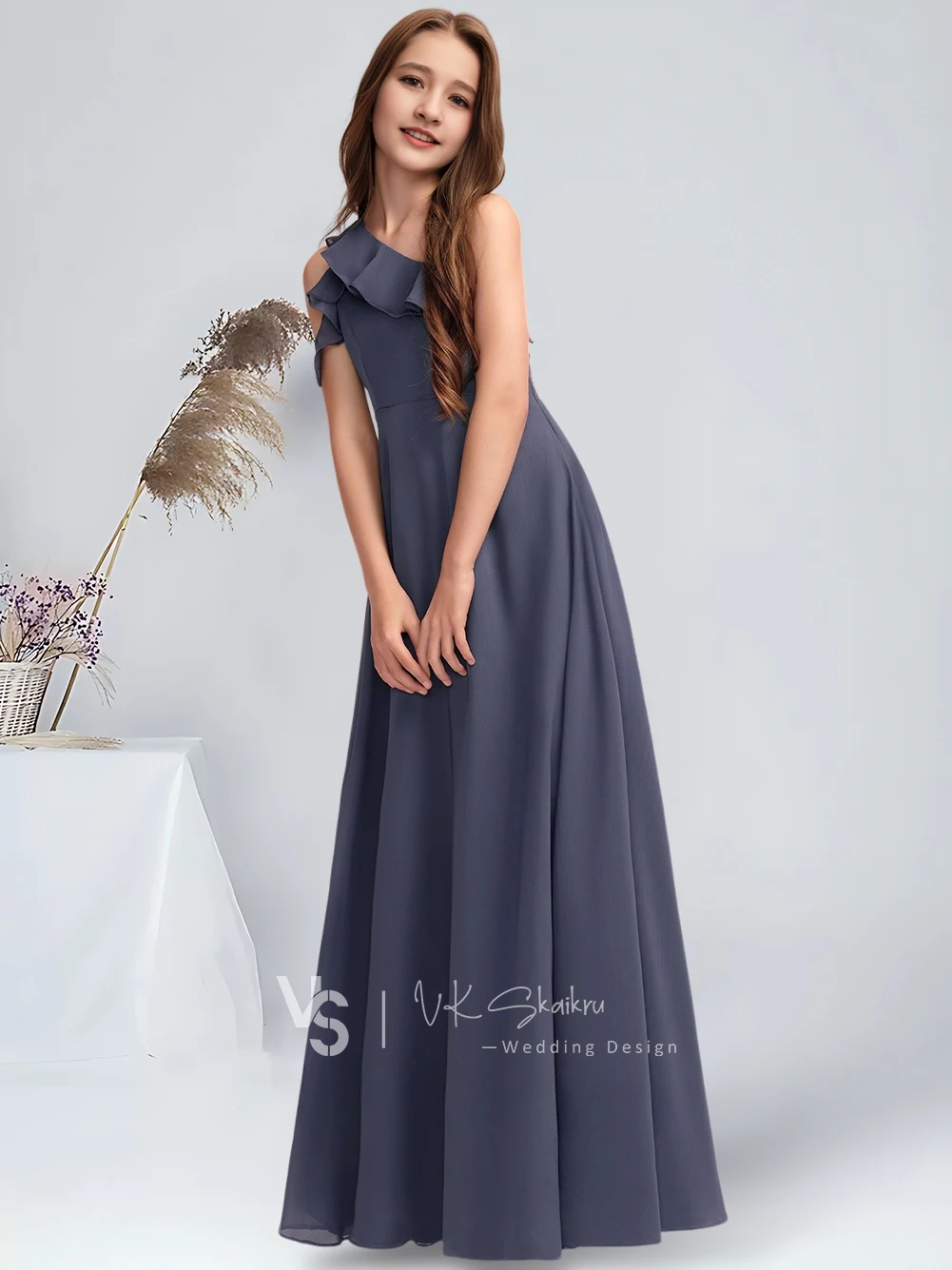 EMI A-line One Shoulder Floor-Length Chiffon Junior Bridesmaid Dress Cascading Ruffles Stormy Flower Girl Dress Communion Dress