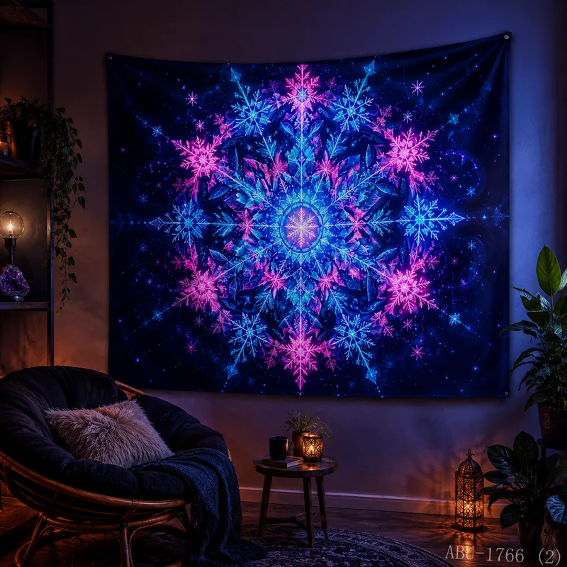VIKAMA Neon Pink Blue Mandala Snowflake Starry Black Cosmic Glow Circular Petal Art Christmas Tapestry Wall Hanging Bedroom Soft