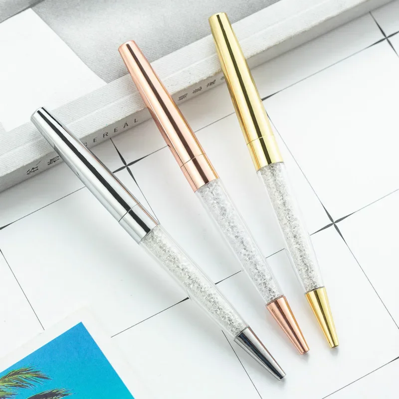 12PCS Flat Head Metal Ballpoint Pen Crystal Diamond Ballpoint Pens Electroplated Rose Gold Advertising Pen Stationery B